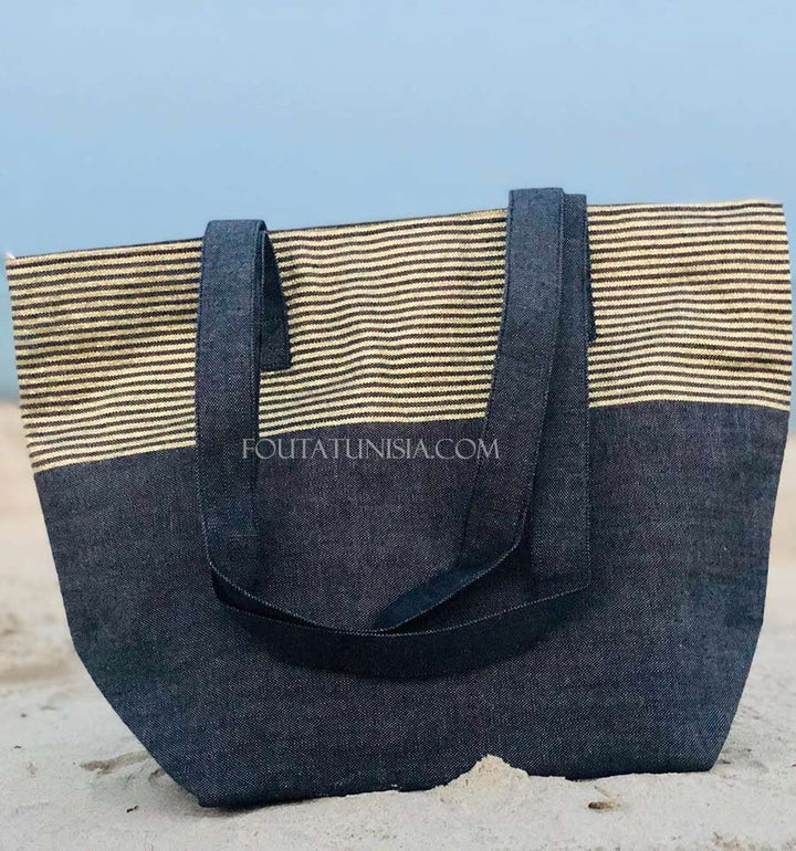 Sac de plage fouta bleu marine avec lurex doré  - 1