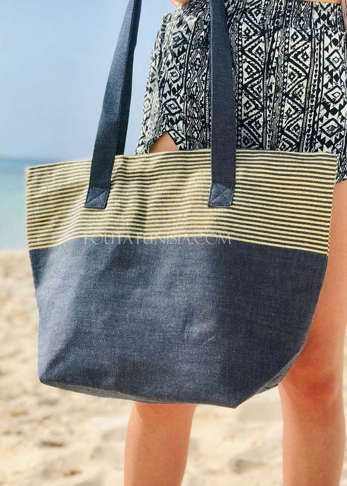 Sac de plage fouta bleu marine avec lurex doré  - 2