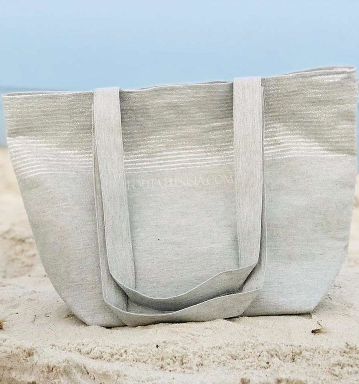 Sac de plage fouta gris clair avec lurex argenté  - 3
