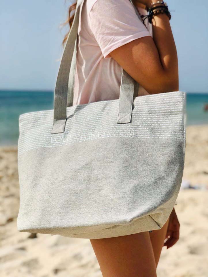 Sac de plage fouta gris clair avec lurex argenté  - 1
