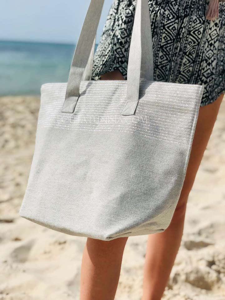Sac de plage fouta gris clair avec lurex argenté  - 2