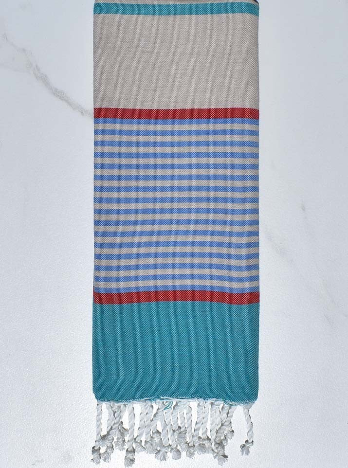Fouta enfant grège, bleu, rouge et bleu canard Fouta Tunisia - 1