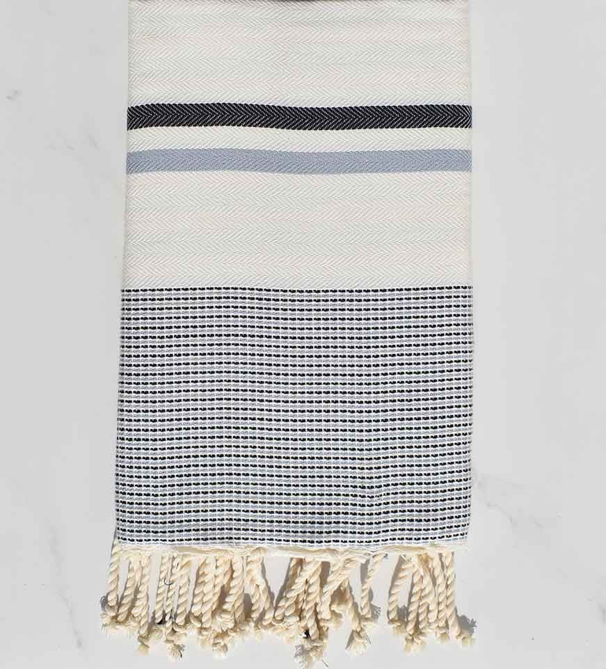 Fouta chevron blanc de lait, ardoise foncé et bleu fumée Fouta Tunisia - 1