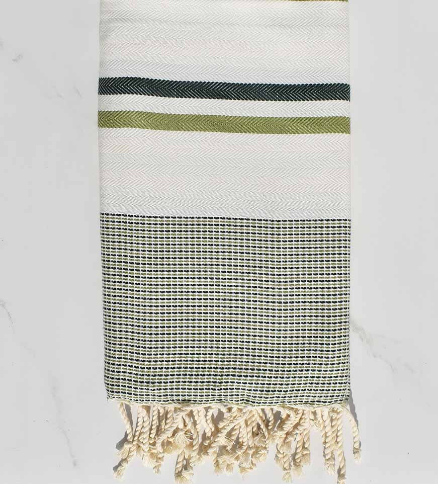 Fouta chevron blanc de lait, vert forêt et vert olive Fouta Tunisia - 1