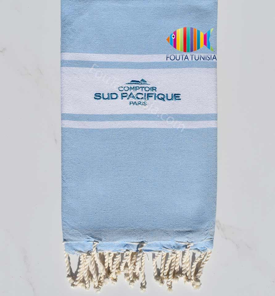 Fouta plate bleu ciel brodée comptoir sud pacifique Fouta Tunisia - 1