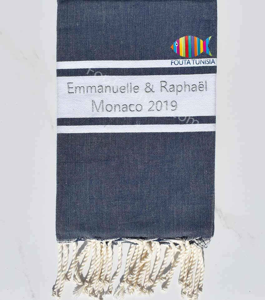Fouta plate bleu jean foncé brodée au fil lurex argenté pour mariage Fouta Tunisia - 1