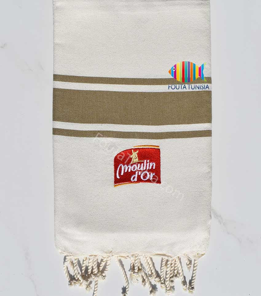 Fouta blanc crème bandes kaki brodée moulin d'or Fouta Tunisia - 1
