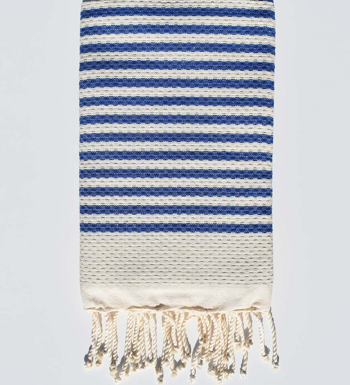 FOUTA nid d'abeille beige clair rayée 1 cm rayure bleu  - 2