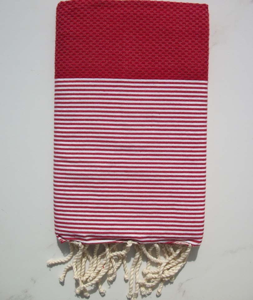 FOUTA NID D'ABEILLE rouge cinabre rayée blanc 