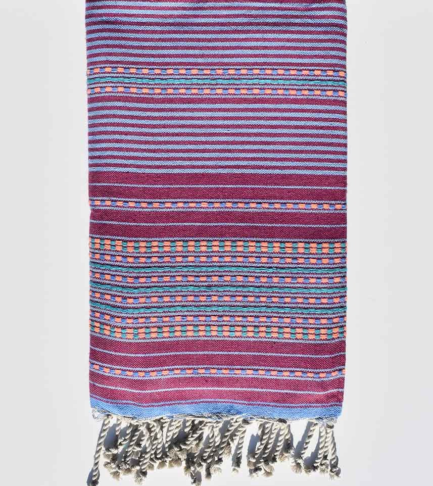 Serviette de plage arabesque magenta foncé avec rayures bleu Fouta Tunisia - 1