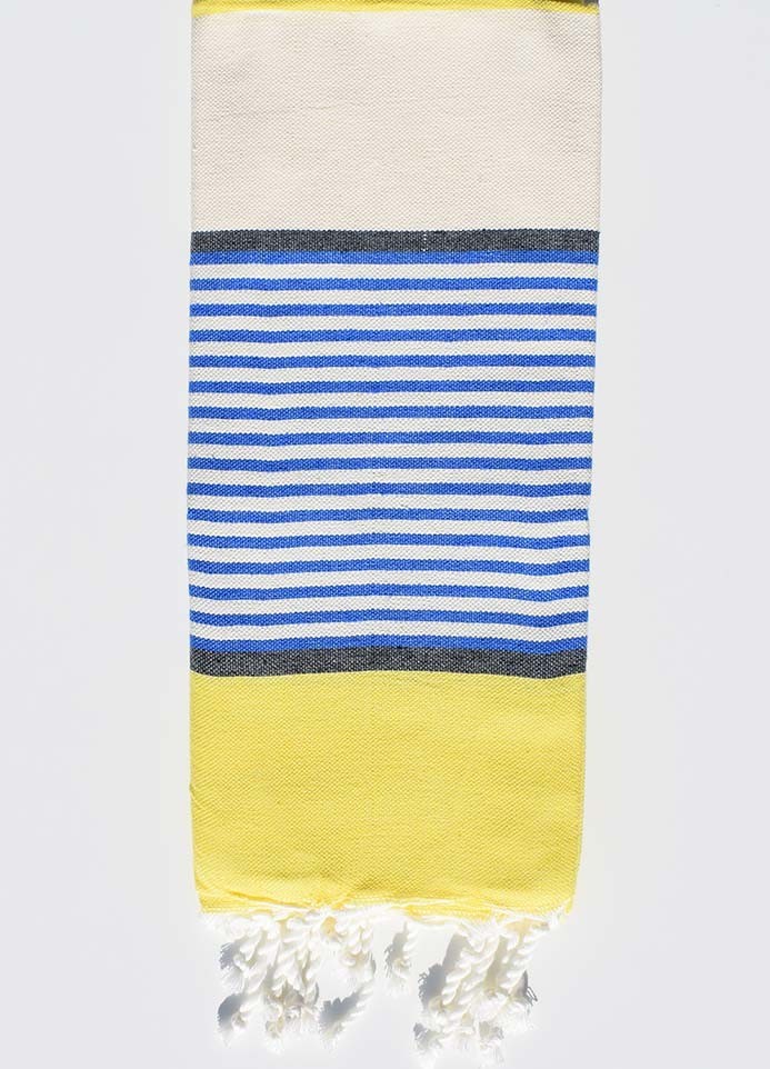 Serviette de plage enfant blanc crème, jaune, bleu et gris ardoise Fouta Tunisia - 1