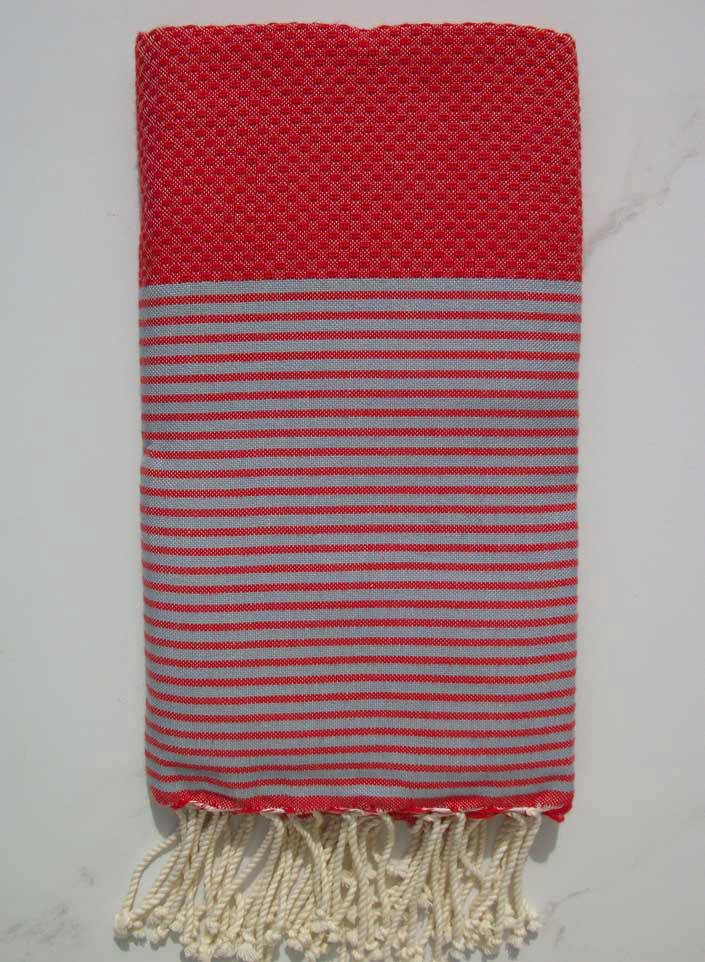 FOUTA NID D'ABEILLE rouge rayée gris 