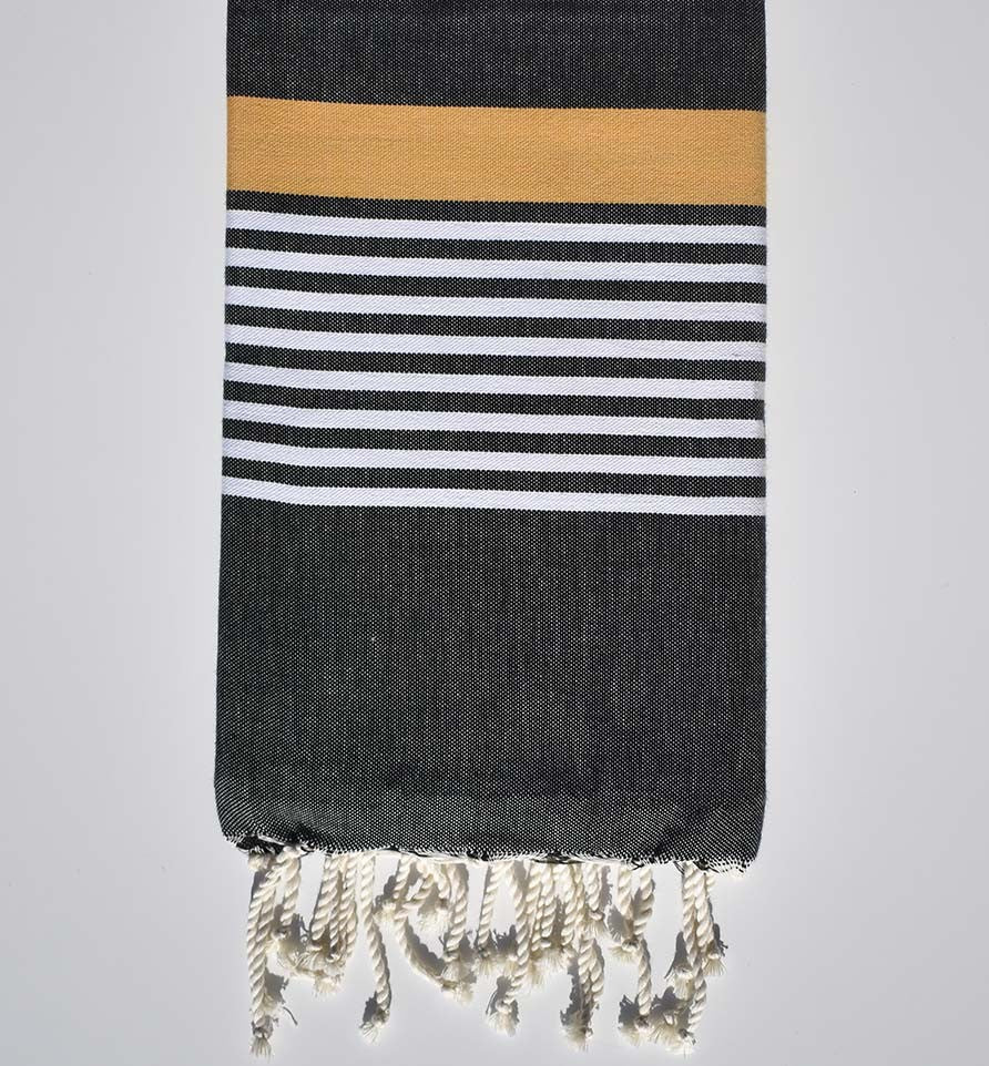 Serviette de plage arthur gris noir avec rayures blanche et jaune vénitien Fouta Tunisia - 1