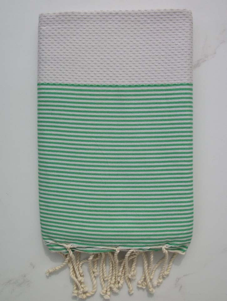 FOUTA NID D'ABEILLE gris clair rayée vert gazon 