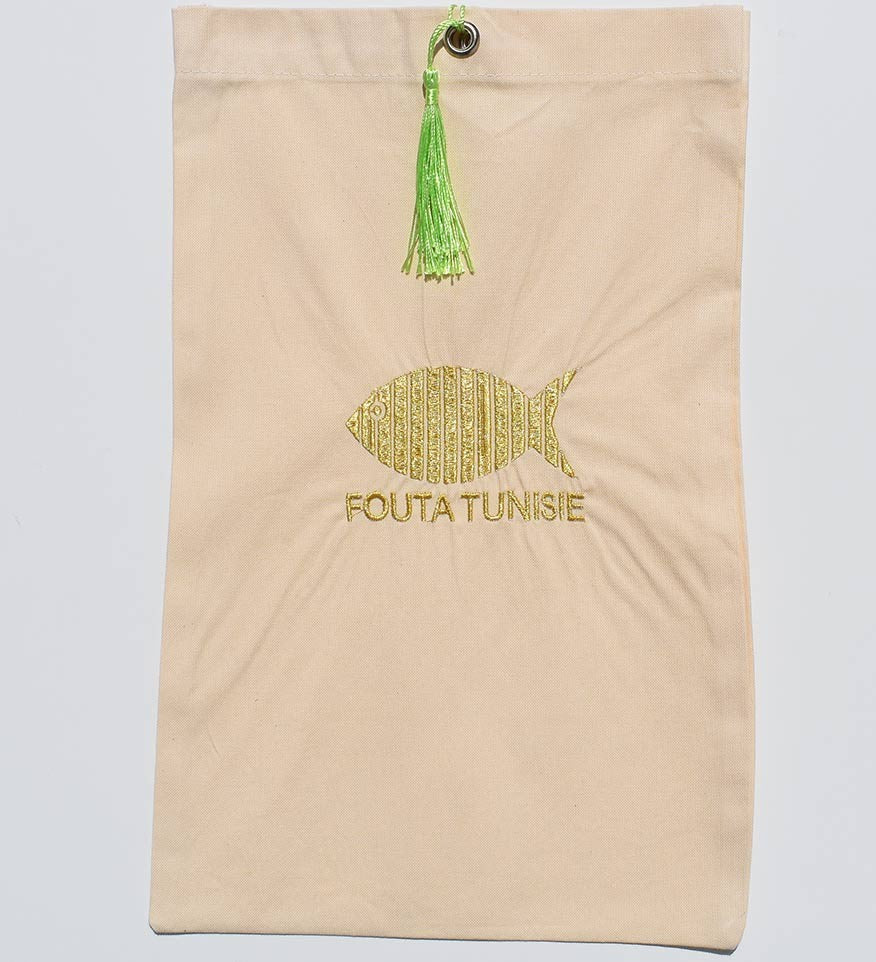 Pochette beige clair brodée ,nœud pompon vert pastel Fouta Tunisia - 1